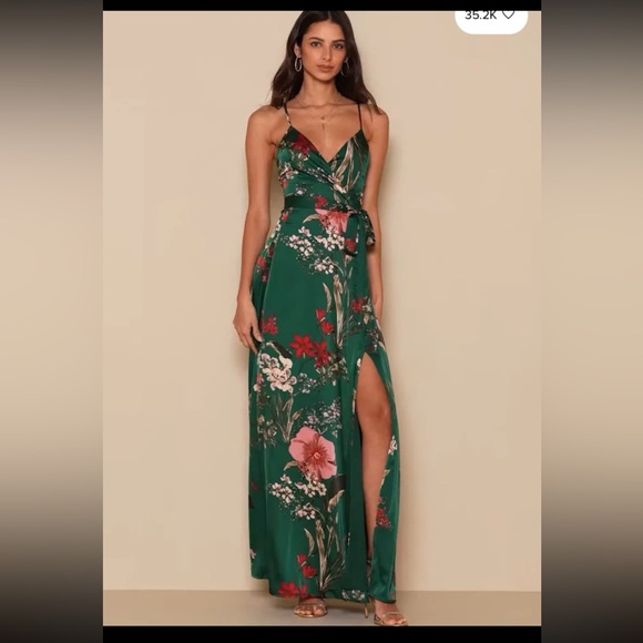 Lulus Still the One Emerald Green Floral Print Satin Maxi Dress size Small - Picture 2 of 12